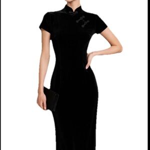 Vtg Black Velvet Cheongsam Whimsigoth Maxi Qipao Devoré Mandarin Collar Dress M